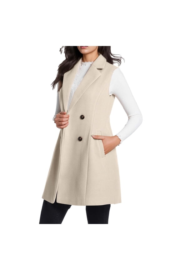 Woman's Trendy Lapel Collar Solid Colored Sleeveless Button Coat Casual Long Length Loose Warm Fitting Pocket Outerwear Jacket Coat