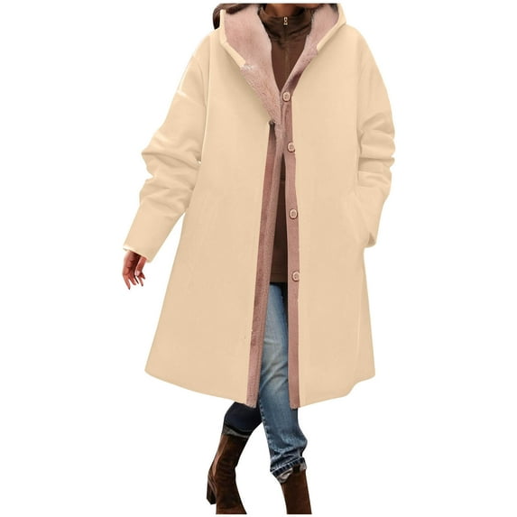 LEBONYARD Woman's Trendy Large Hooded Thicken Fleece Liner Solid Colored Long Sleeve Loose Fitting Button Large Pocket Outerwear Jacket Coat