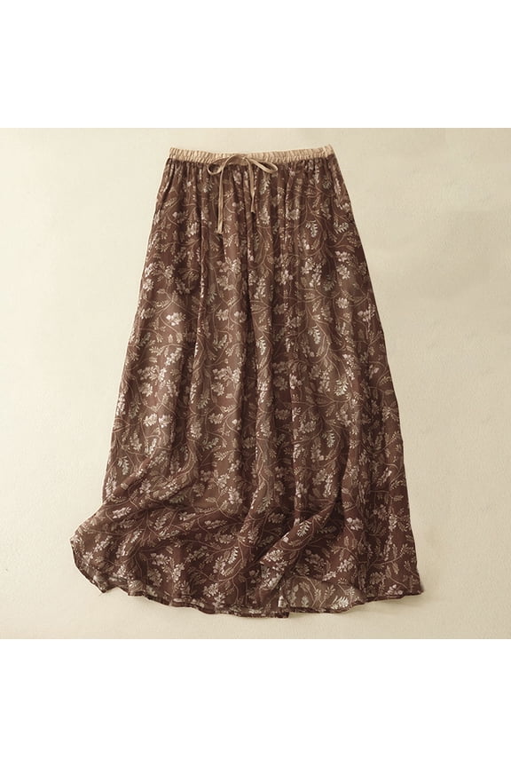 Women Bohemian Floral Print Skirt,Floral Vintage Mid-length-line Skirt Girl Coffee XL