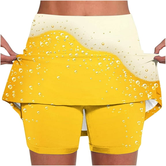 LEBONYARD Women High Waisted Pleated Skirts with Bottom Shorts,Women's New Color Oktoberfest Print Mid-waist Skirt Pants Sports Shorts Bottoming Skirt Pants Yellow XXL