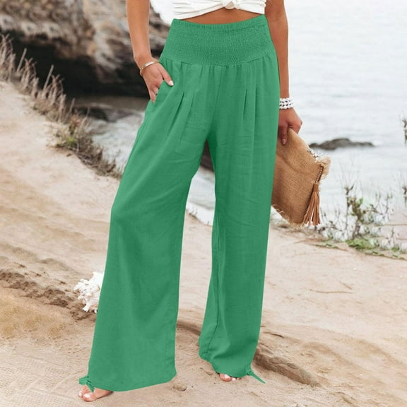 LEBONYARD Women Linen Blend Wide Leg Pants Summer Beach,Women's Loose High Waisted Ankle Tied Drawstring Casual Pants Green M