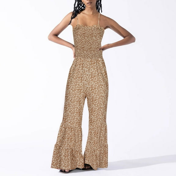 LEBONYARD Women Plus Size Cotton Linen Wide Leg Pants,,Women's Casual Slim Shoulder Wide Leg Floral High Waist Pleated Jumpsuit Khaki XL