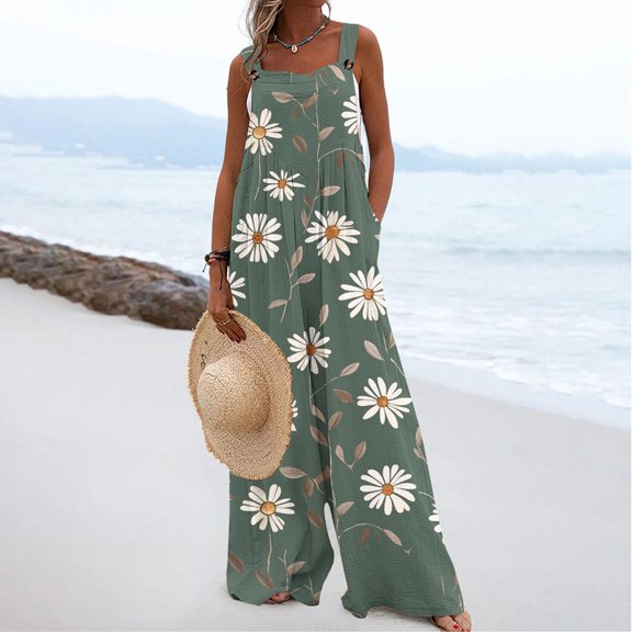 LEBONYARD Women Plus Size Cotton Linen Wide Leg Pants,,Women's Printed Jumpsuit Casual Button Pocket Sleeveless Wide Leg Trousers Gray XL