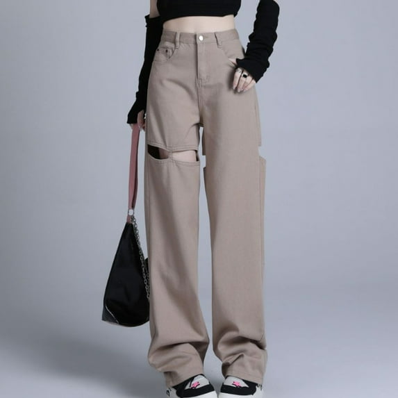 LEBONYARD Women Wide Leg Pants Loose High Waist Trousers,Women'S High Waist All Straight Leg Wide Leg Pants Jeans Khaki XXL