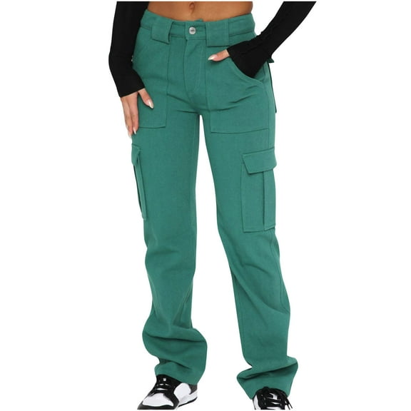 LEBONYARD Women Wide Leg Pants Loose High Waist Trousers,Women's Pants Pocket Patchwork Loose Waist Commuting Casual Solid Color Straight Leg Jeans Pocket Denim Pants Green XXL