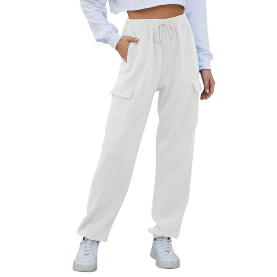 LEBONYARD Women Wide Leg Pants Loose High Waist Trousers,Womens Pants Clearance Cargo,Women'S Solid Color Pocket Corset High-Waisted Sweatpants Long Pants White M