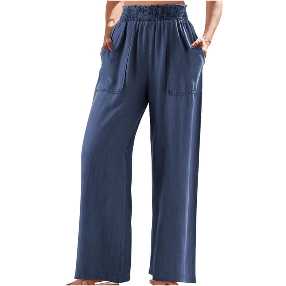 LEBONYARD Women Wide Leg Pants Loose High Waist Trousers,Womens Pants Clearance Cargo,Women's Solid High Waist Print Pants Wide Leg Pants Casual Loose Pants Dark Blue XL