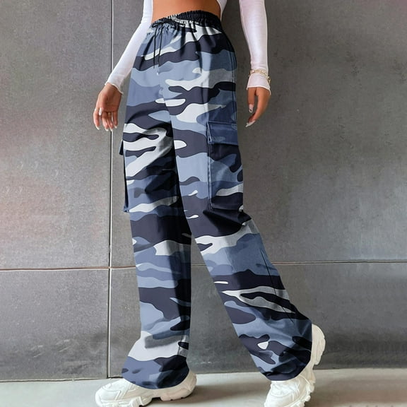 LEBONYARD Women Wide Leg Pants Loose High Waist Trousers,Womens Pants,Women Camouflage Elastic Waist Straight Tube Drawstring Pocket Workwear Pants Blue XXL