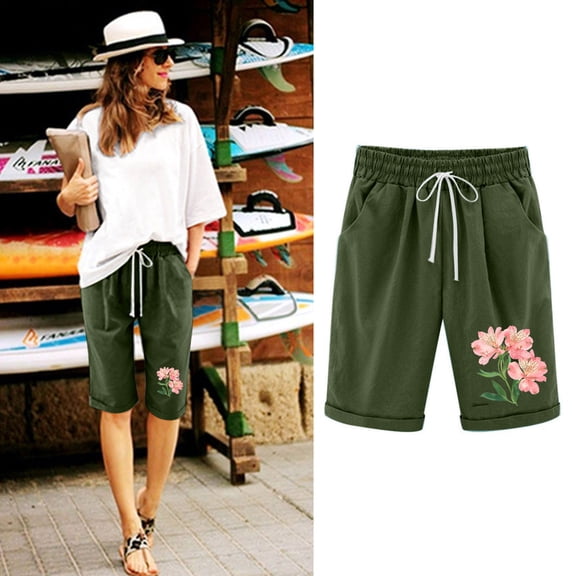 LEBONYARD Women Yoga Shorts,Women's Shorts for a Casual Stroll,Women's Elastic Waist Printing Drawstring Shorts Army Green XXL