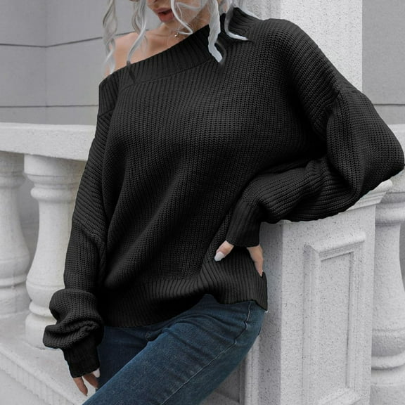 LEBONYARD Women's Autumn and Winter Loose Slant Collar Knitted Sweater,Women's Off-the-shoulder Sweater Women's Loose and Winter Long-sleeved Sweater Black L