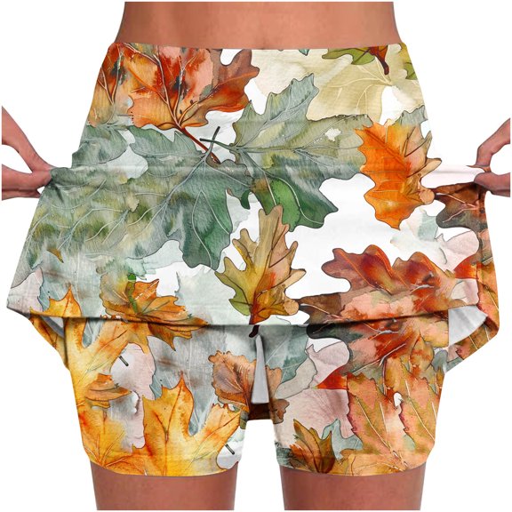 LEBONYARD Women's Breathable Yoga Skort,Women's Pockets Both Sides Maple Leaves Print Pleated Tennis Skirts Stretchy Yoga Fake Two Piece Shorts Skirt Red XXXXL