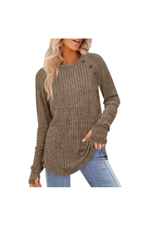 Women's Casual Round Neck Tops Fashion Grooves Line Modest Design Long Sleeved Comfortable Fit Classic Solid Color 2025 Fall Winter Tops