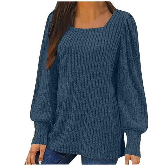 LEBONYARD Women's Casual Round Neck Tops Fashion Grooves Line Modest Design Long Sleeved Comfortable Fit Tops Classic Solid Color Loose Fit Tops