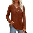 thumbnail image 1 of LEBONYARD Women's Casual V-Neck Tops Fashion Grooves Line Modest Design Long Sleeved Comfortable Fit Classic Slim Solid Color 2025 Fall Winter Tops, 1 of 7