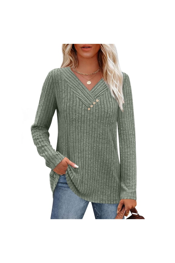 Women's Casual V-Neck Tops Fashion Grooves Line Modest Design Long Sleeved Comfortable Fit Classic Slim Solid Color 2025 Fall Winter Tops