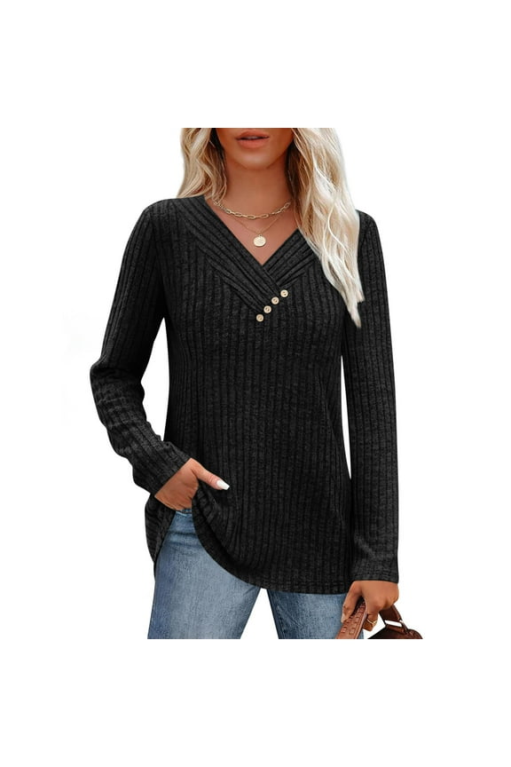 Women's Casual V-Neck Tops Fashion Grooves Line Modest Design Long Sleeved Comfortable Fit Classic Slim Solid Color 2025 Fall Winter Tops