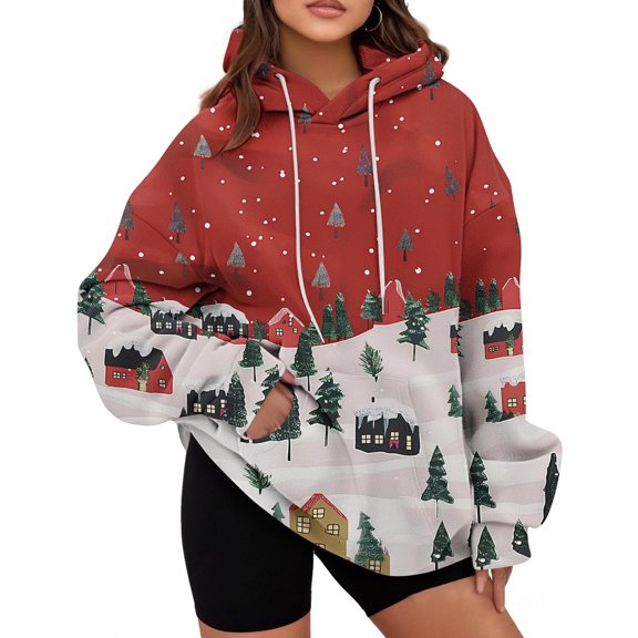 LEBONYARD Women's Christmas Chic Printing Loose Fit Drawstring Crew Neck Hooded Sweatshirt Casual Long Sleeve Loose Fit Pocket Warm Ladies Sweatshirt