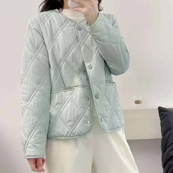 LEBONYARD Women's Coat Winter Puffer Jacket,Winter Jackets for Women on clearance,Women's Fashionable Diamond Plaid Round Neck Single Breasted Lightweight Warm Cotton Jacket Green XXL