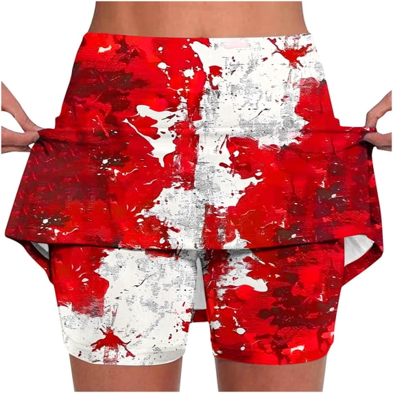 LEBONYARD Women's Comfortable Flowy Yoga Skirt with Shorts,Women's Pockets Both Sides Maple Leaves Print Pleated Tennis Skirts Stretchy Yoga Fake Two Piece Shorts Skirt Red S