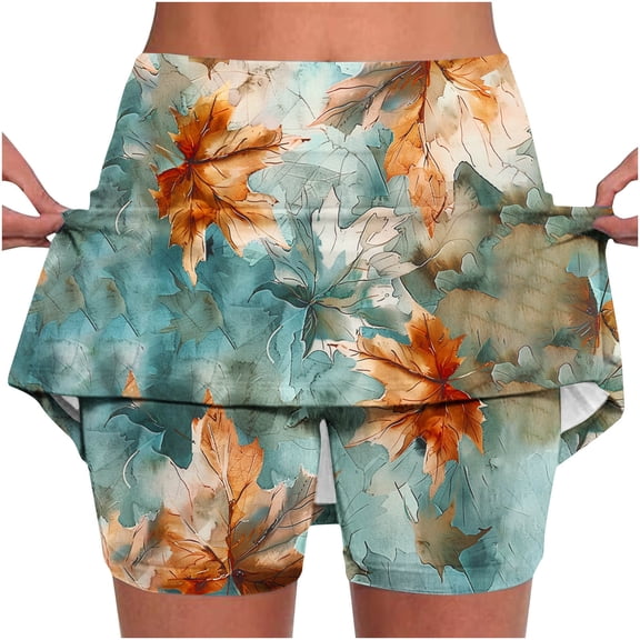 LEBONYARD Women's Compression Yoga Skirt Shorts,Women's Pockets Both Sides Maple Leaves Print Pleated Tennis Skirts Stretchy Yoga Fake Two Piece Shorts Skirt Red L