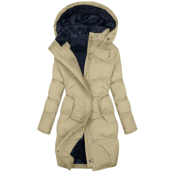 LEBONYARD Women's Crew Neck Hooded Drawstring Button Zipper Long Length Puffer Coat Casual Long Sleeve Solid Color Loose Fit Pocket Waterproof Coat