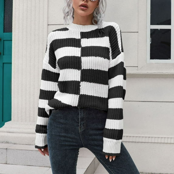 LEBONYARD Women's Crewneck Sweater,Mid Weight Womens Lightweight Sweaters Deals,Women's Clothing Design Striped Sweater Loose Winter Long-sleeved European and American Knitted Sweaters New Black L
