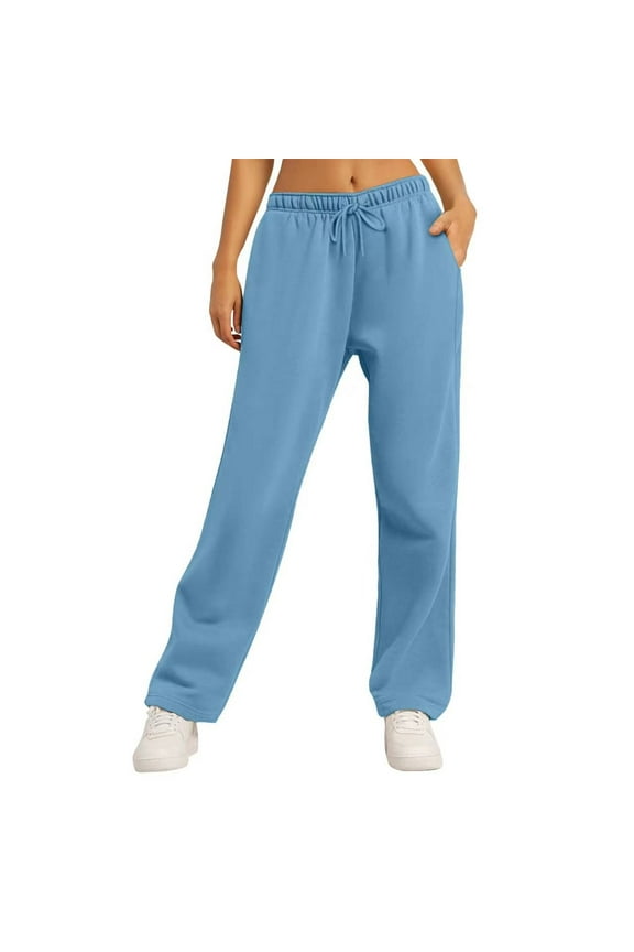 Women's Drawstring Elastic Mid Waisted Solid Colored Comfortable Wide Straight Leg Casual Gym Fitness Long Sweatpants,Sizes S-2XL