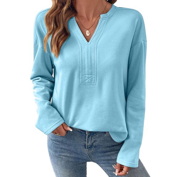 LEBONYARD Women's Fashion Chic V-Neck Design Solid Colored Pullover Soft Sweatshirts Casual Comfortable Long Sleeve Loose Fit Ladies Daily Tops