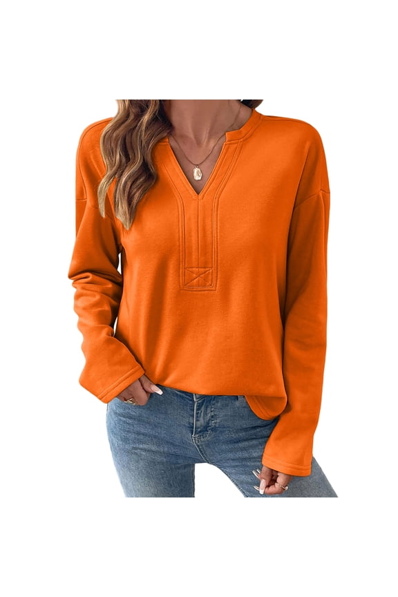 Women's Fashion Chic V-Neck Design Solid Colored Pullover Soft Sweatshirts Casual Comfortable Long Sleeve Loose Fit Ladies Daily Tops