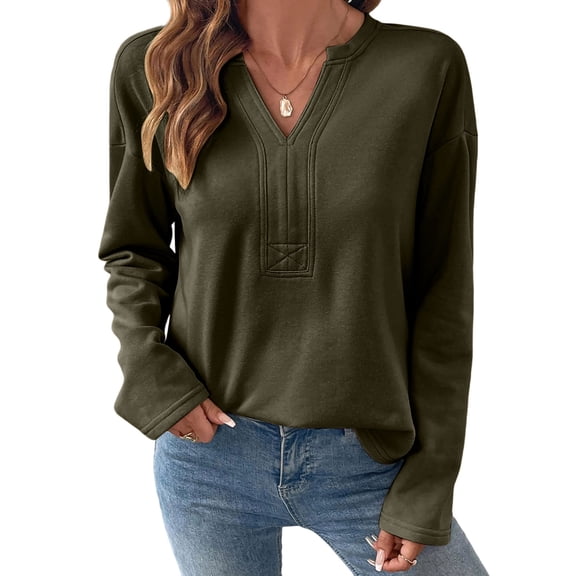 LEBONYARD Women's Fashion Chic V-Neck Design Solid Colored Pullover Soft Sweatshirts Casual Comfortable Long Sleeve Loose Fit Ladies Daily Tops