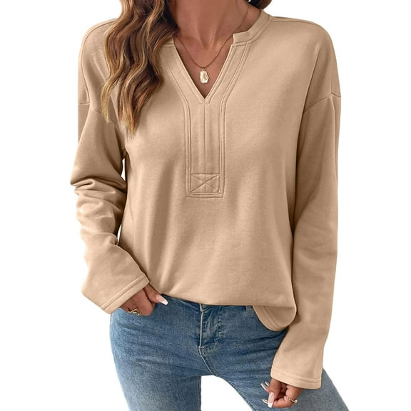 LEBONYARD Women's Fashion Chic V-Neck Design Solid Colored Pullover Soft Sweatshirts Casual Comfortable Long Sleeve Loose Fit Ladies Daily Tops