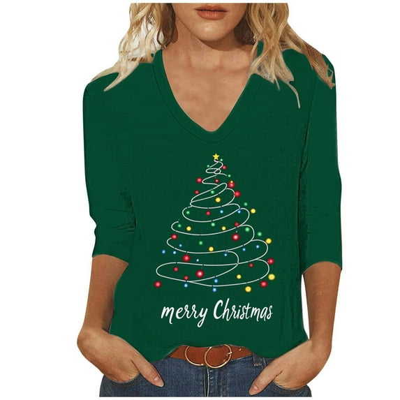 LEBONYARD Women's Fashion Christmas Printing V-Neck Tops Blouse Casual 3/4 Sleeve Comfortable Fit Soft Fit Drop Shoulder Solid Colored Ladies Tops