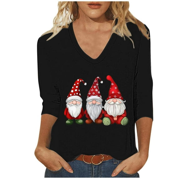 LEBONYARD Women's Fashion Christmas Printing V-Neck Tops Blouse Casual 3/4 Sleeve Comfortable Fit Soft Fit Drop Shoulder Solid Colored Ladies Tops