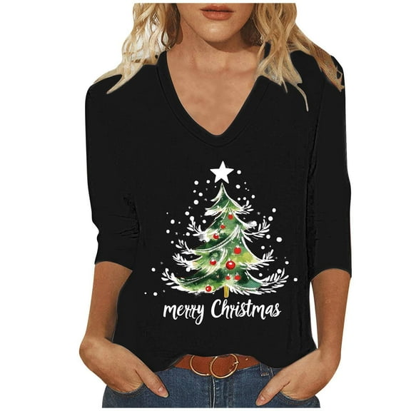 LEBONYARD Women's Fashion Christmas Printing V-Neck Tops Blouse Casual 3/4 Sleeve Comfortable Fit Soft Fit Drop Shoulder Solid Colored Ladies Tops