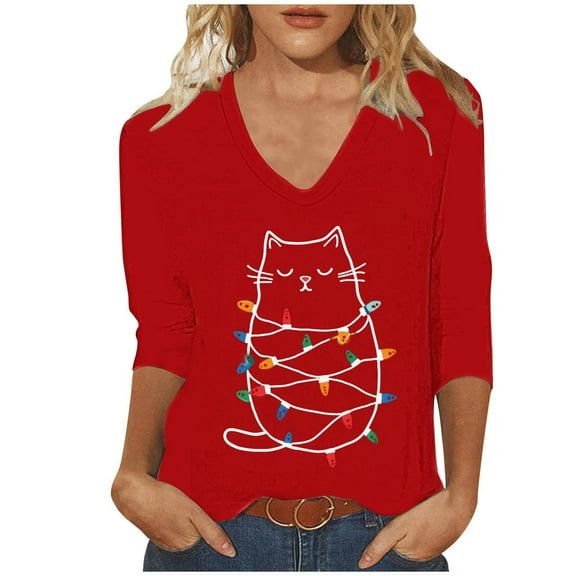 LEBONYARD Women's Fashion Christmas Printing V-Neck Tops Blouse Casual 3/4 Sleeve Comfortable Fit Soft Fit Drop Shoulder Solid Colored Ladies Tops
