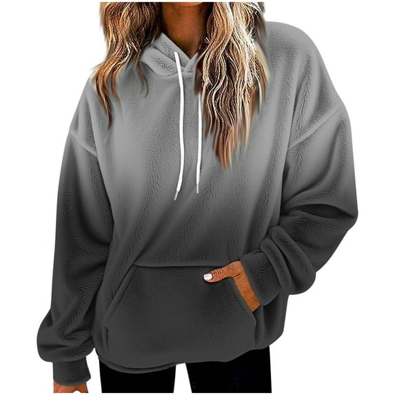 LEBONYARD Women's Fashion Crew Neck Drawstring Hooded Sweatshirts Casual Long Sleeve Pocket Gradient Color Loose Fit Comfortable Ladies Sweatshirts