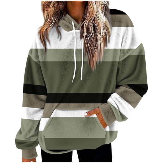 LEBONYARD Women's Fashion Crew Neck Drawstring Hooded Sweatshirts Casual Long Sleeve Pocket Striped Style Loose Fit Comfortable Ladies Sweatshirts