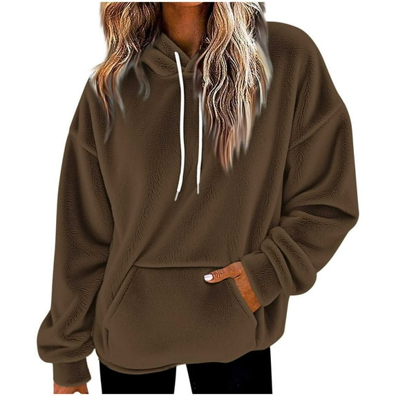 LEBONYARD Women's Fashion Crew Neck Drawstring Hooded Sweatshirts Casual Long Sleeved Pocket Solid Colored Loose Fit Comfortable Ladies Sweatshirts