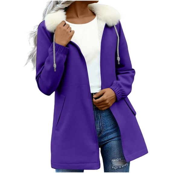 LEBONYARD Women's Fashion Drawstring Plush Hooded Zipper Coat Casual Long Sleeve Solid Colored Windproof Warm Loose Fit Pocket Ladies Outerwear Coat