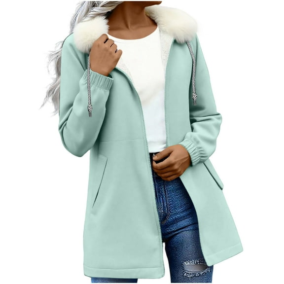 LEBONYARD Women's Fashion Drawstring Plush Hooded Zipper Coat Casual Long Sleeve Solid Colored Windproof Warm Loose Fit Pocket Ladies Outerwear Coat