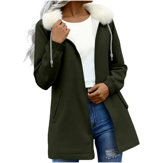 LEBONYARD Women's Fashion Drawstring Plush Hooded Zipper Coat Casual Long Sleeve Solid Colored Windproof Warm Loose Fit Pocket Ladies Outerwear Coat