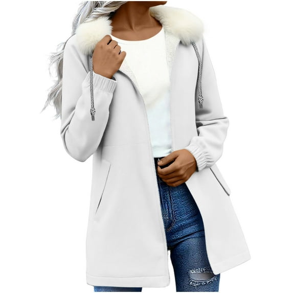 LEBONYARD Women's Fashion Drawstring Plush Hooded Zipper Coat Casual Long Sleeve Solid Colored Windproof Warm Loose Fit Pocket Ladies Outerwear Coat