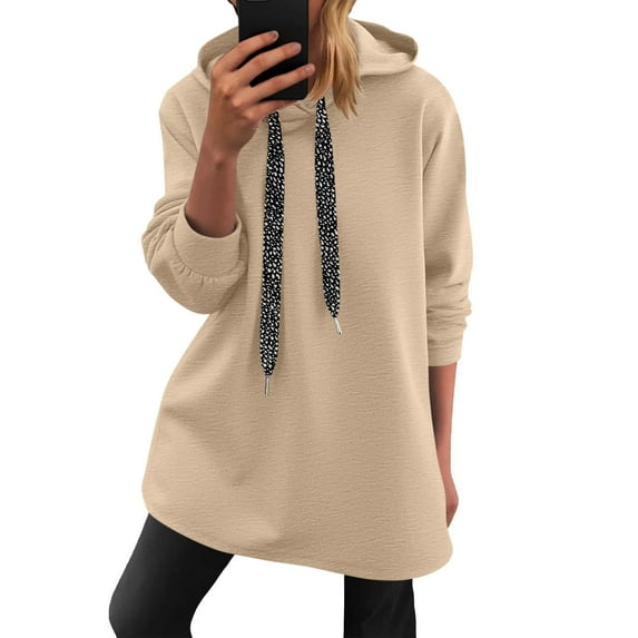 LEBONYARD Women's Fashion Drawstring Pullover Hooded Sweatshirts Casual Solid Colored Round Neck Long Sleeve Loose Warm Fit Pocket Sweatshirts
