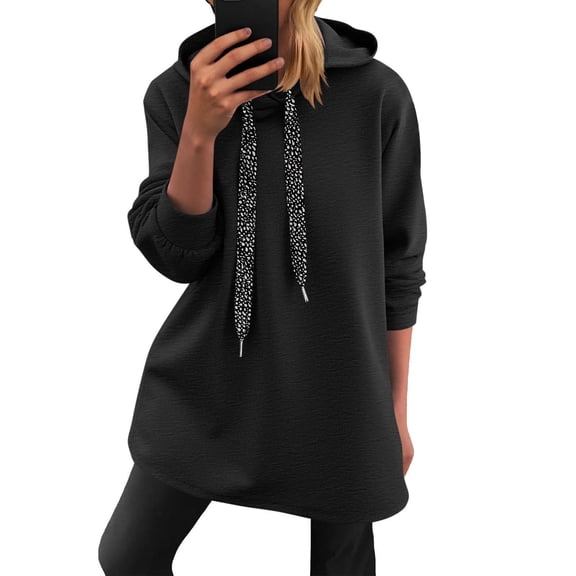 LEBONYARD Women's Fashion Drawstring Pullover Hooded Sweatshirts Casual Solid Colored Round Neck Long Sleeve Loose Warm Fit Pocket Sweatshirts