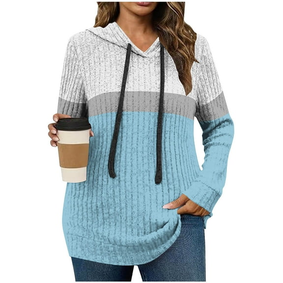 LEBONYARD Women's Fashion Drawstring Round Neck Hooded Groove Style Pullover Sweatshirts Casual Solid Colored Long Sleeve Loose Warm Fit Sweatshirts