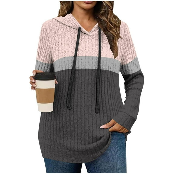 LEBONYARD Women's Fashion Drawstring Round Neck Hooded Groove Style Pullover Sweatshirts Casual Solid Colored Long Sleeve Loose Warm Fit Sweatshirts