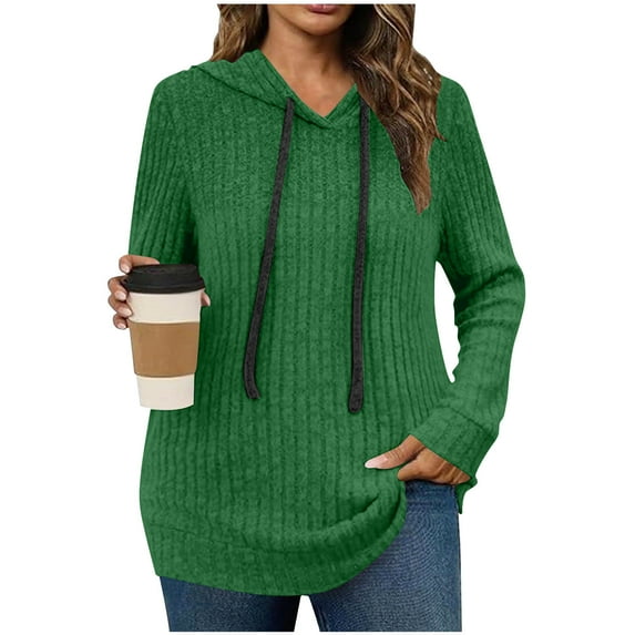 LEBONYARD Women's Fashion Drawstring Round Neck Hooded Groove Style Pullover Sweatshirts Casual Solid Colored Long Sleeve Loose Warm Fit Sweatshirts