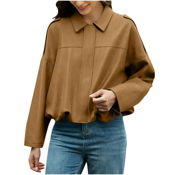 LEBONYARD Women's Fashion Faux Suede Lapel Zipper Oversized Jacket Casual Trendy Long Sleeve Solid Colored Turn Down Collar Fall Winter Outwear Jacket
