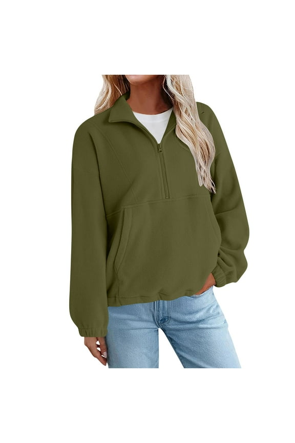 Women's Fashion Half Zipper V-Neck Pocket Casual Solid Long Sleeve Loose Fit 2025 Fall Winter Pullover Jacket