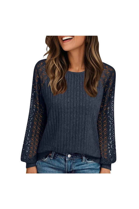 Women's Fashion Hollow Lace Round Neck Pullover Tops Casual Soft Breathable Long Sleeved Shirts Trendy Solid Color Silky Slim Fit Tops